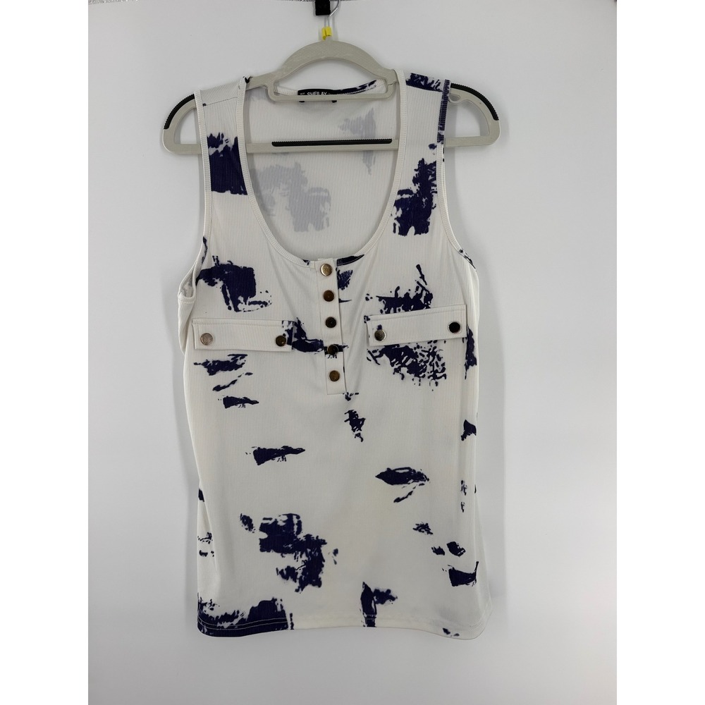 Sheilay Women White Navy Blue Abstract Splash Ribbed Henley Tank Top XXL